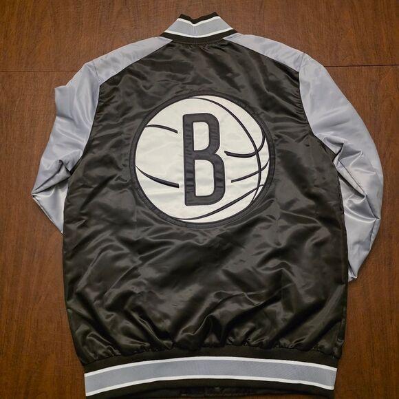 Starter Brooklyn Nets Black Silver Satin Front Snap Varsity Jacket Men's Size M - Picture 2 of 3